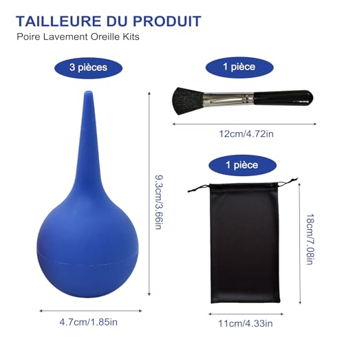 JOIYHY 3pcs Poires Lavement d'Oreilles Bleu pour Adults, Enfants et Bébés - Éliminer les Bouchons de Cérumen Silicone 60
