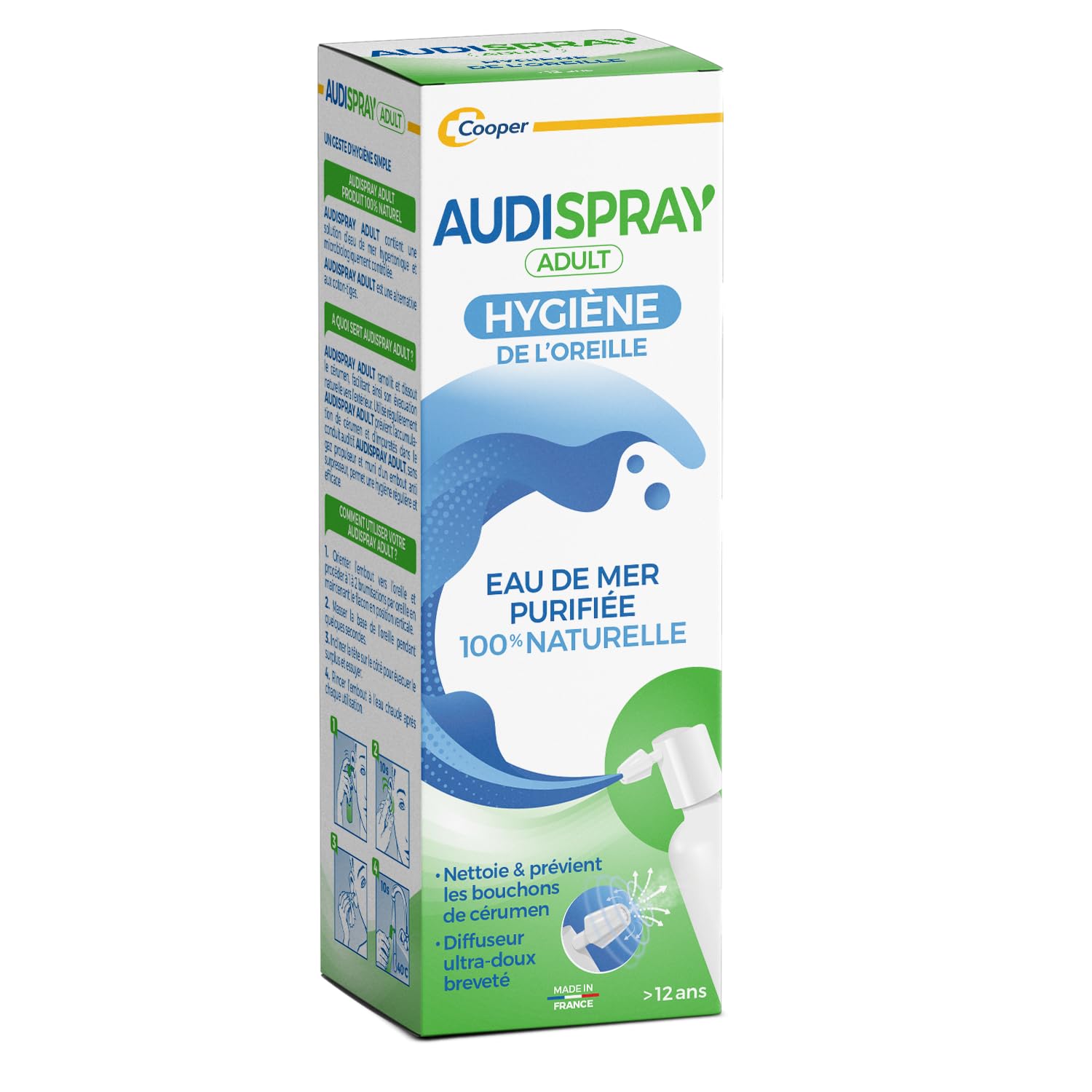 AUDISPRAY - Spritz d'hygiène des oreilles 100% naturel pour adultes - Eau de mer purifiée 50ml - Nettoyage quotidien - M