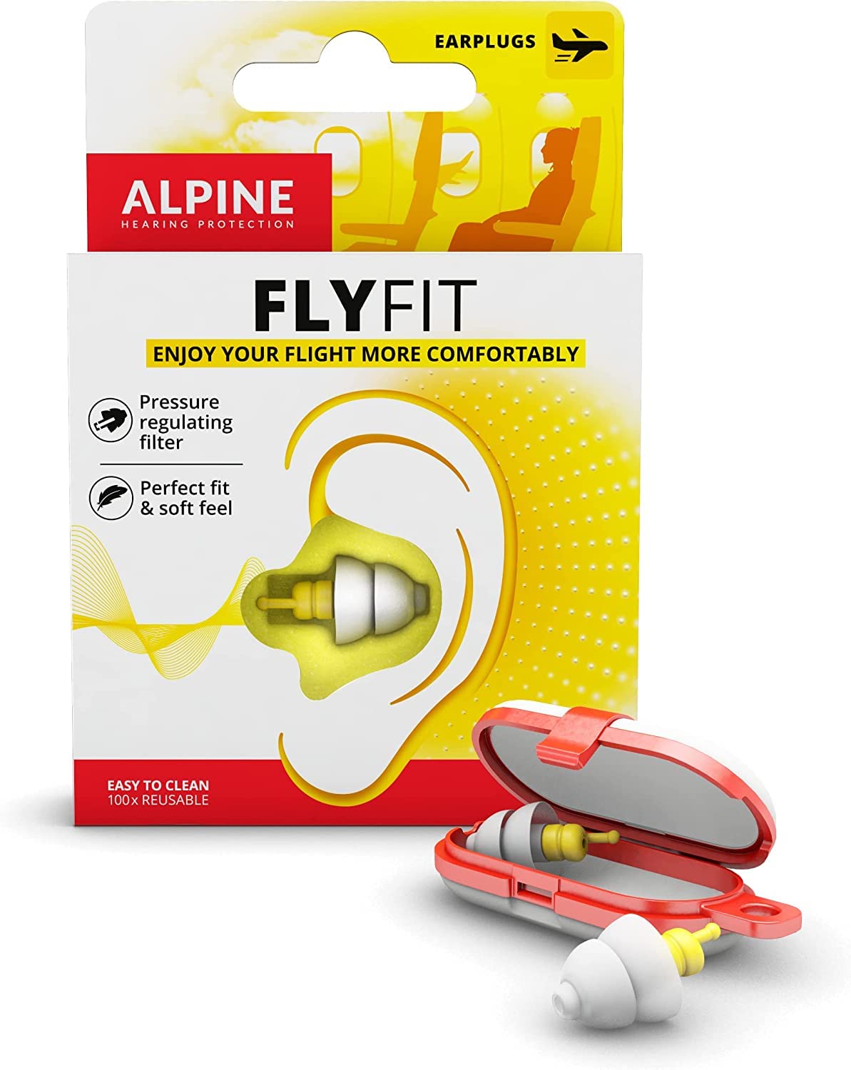 Alpine Bouchons d'Oreilles FlyFit - Prévenir les Douleurs du Tympan - Confortable Hypoallergénique - Réutilisables